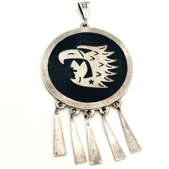 Vintage Taxco Mexico Sterling Turquoise Onyx Heavy Medallion Reversible Pendant - Picture 9 of 12